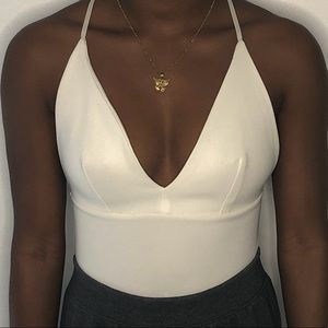 adjustable white deep v cut one piece bodysuit